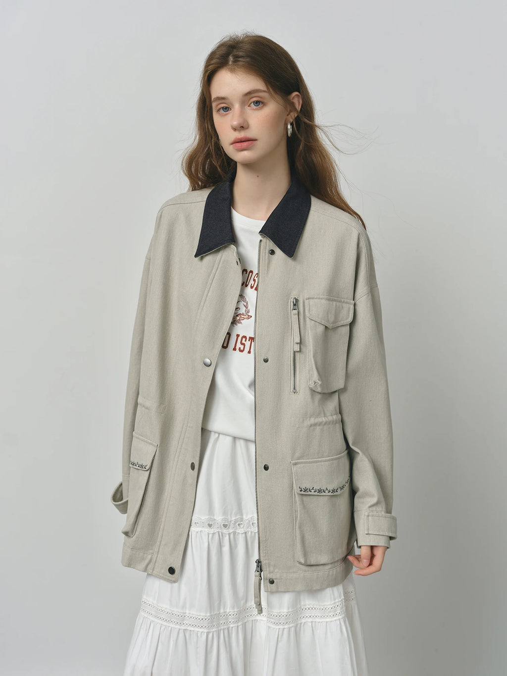 FSLE 2025 Women's Vintage Utility Jacket - Short Cropped Contrast Collar Autumn Casual Coat with Retro Design & Relaxed Fit