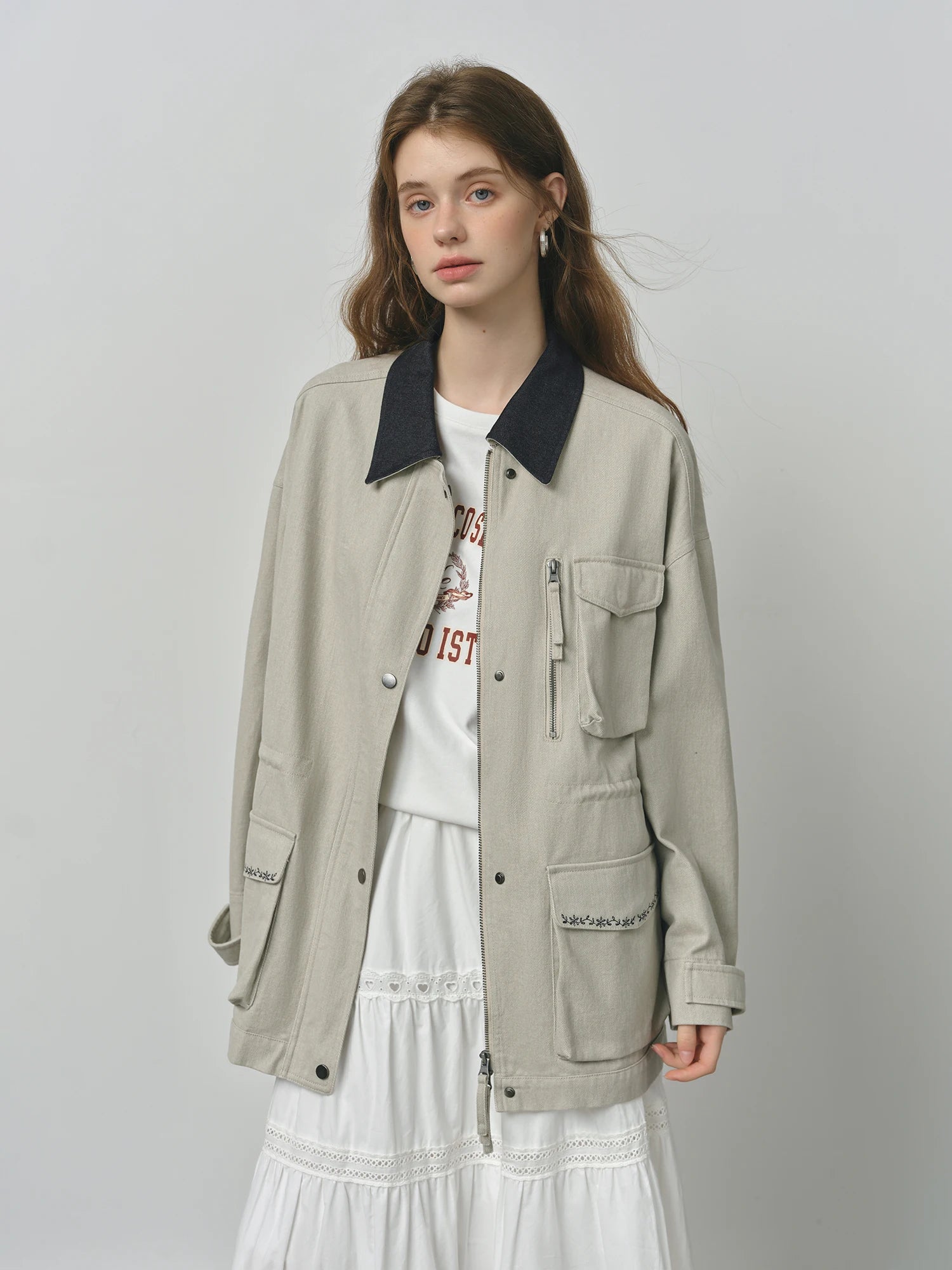 FSLE 2025 Women's Vintage Utility Jacket - Short Cropped Contrast Collar Autumn Casual Coat with Retro Design & Relaxed Fit