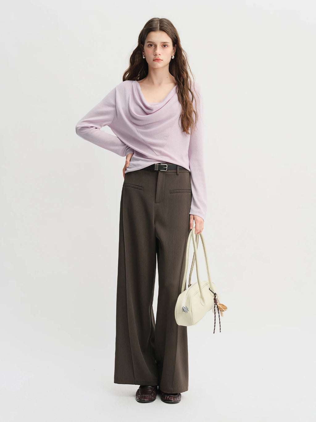 DUSHU Autumn 2025 Women's Wide Leg Trousers - Structural Seam Detail Horizontal Pocket Office Casual Pants with Relaxed Fit