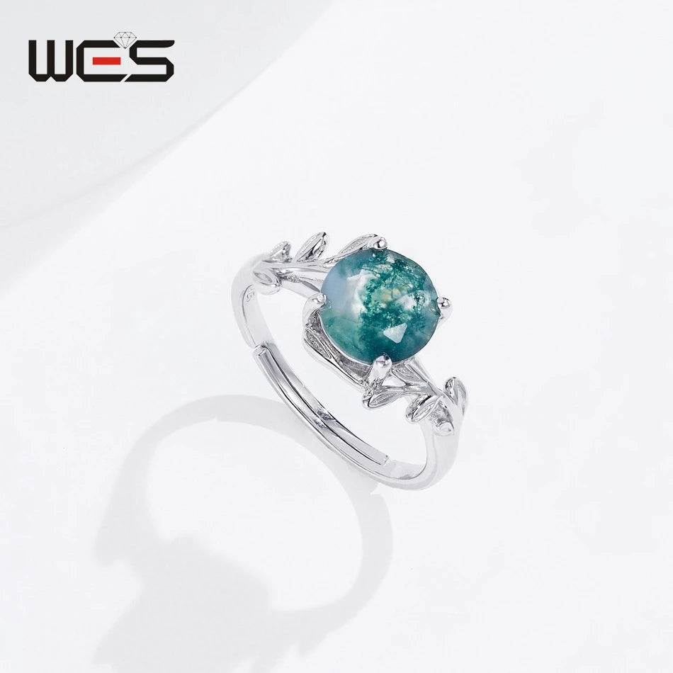 WES 100% 925 Sterling Silver Natural Stone Adjustable 8*8mm Olive Branch Moss Agate Rings For Woman Certified Wedding Jewelry