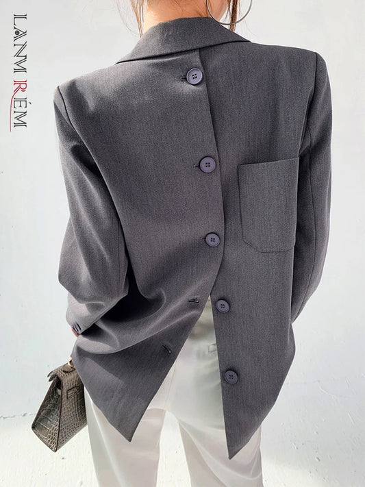 Back Button Blazer For Women Gray Notched Long Sleeve Fashion Female Coat 2024 Spring New Clothing