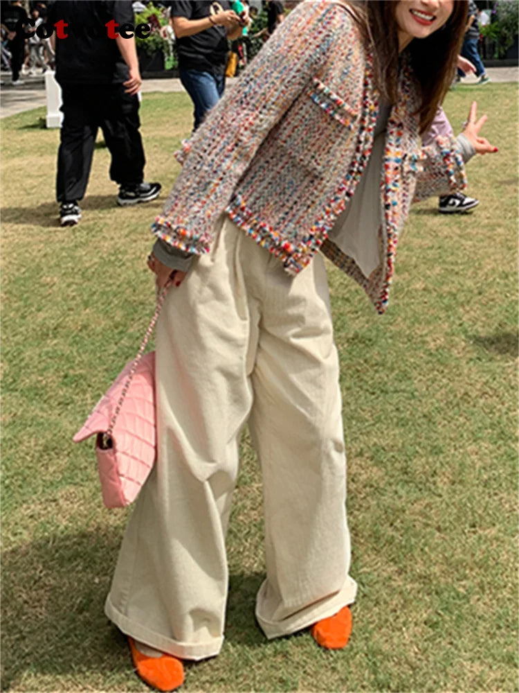 Cotvotee Rainbow Wool Coat Women 2024 Spring Autumn New Fashion Long Sleeve Jackets Vintage V Neck Open Stitch Casual Chic Coats