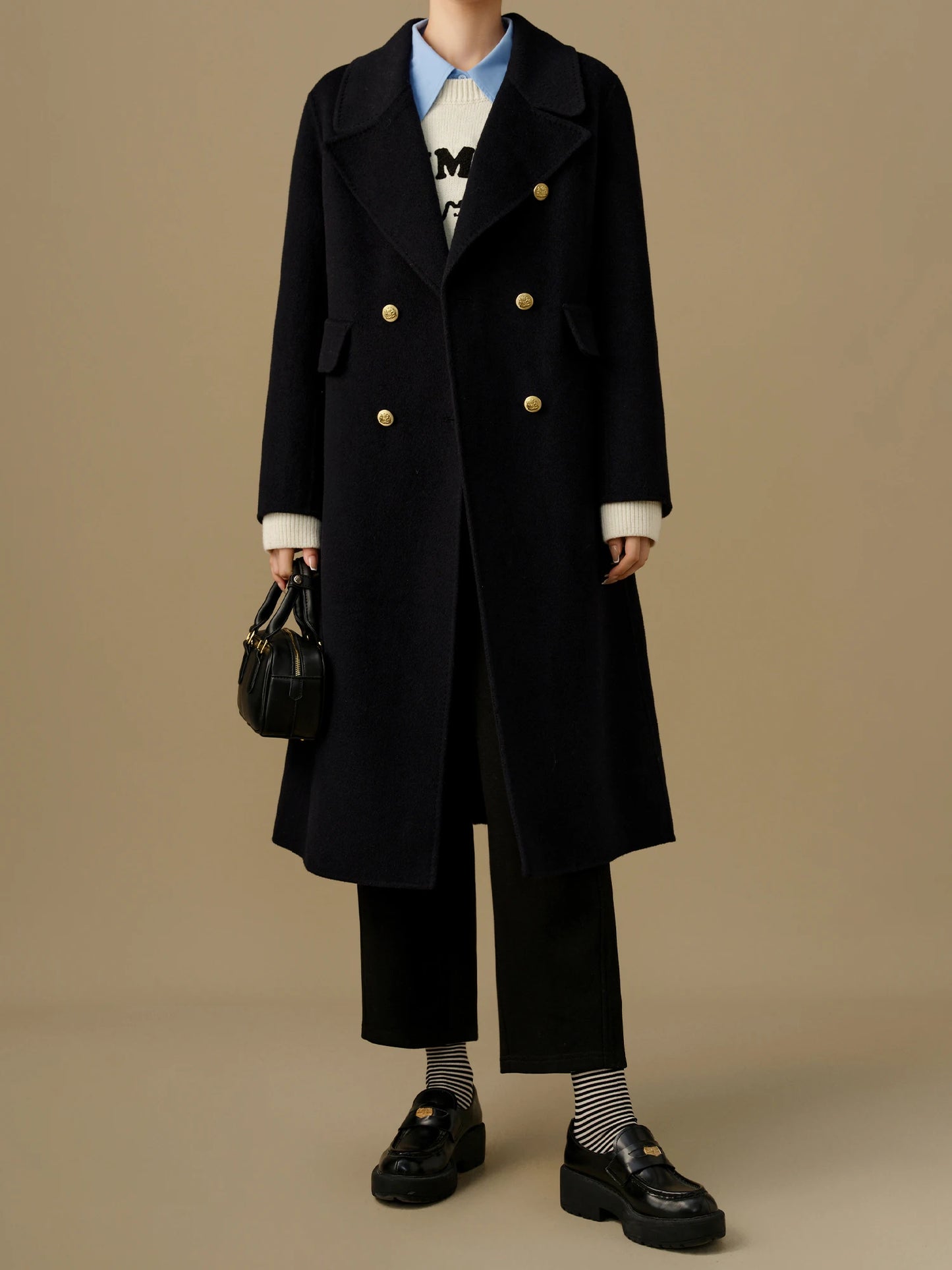 DUSHU 100% Wool Women Long Navy Blue Woolen Jackets Big Turn-down Collar Double Breasted Straight Winter Wool Coats 24DS84266