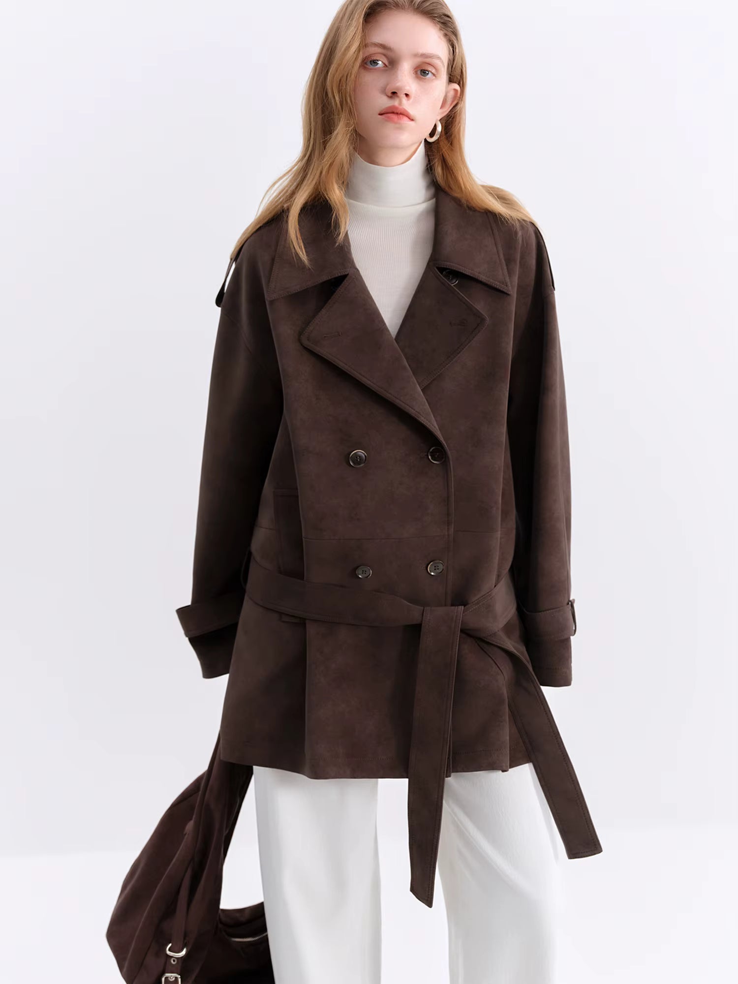Retro Double-breasted Lapel Loose Leather Jacket for Women 2025 Winter New Casual Coffee-colored Jacket Loose Fit
