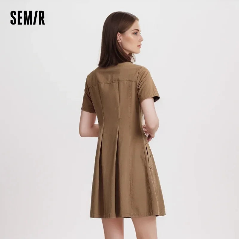 Semir Dress Women Waisted Dress Vintage 2024 Summer New Melad Solid Colour Short