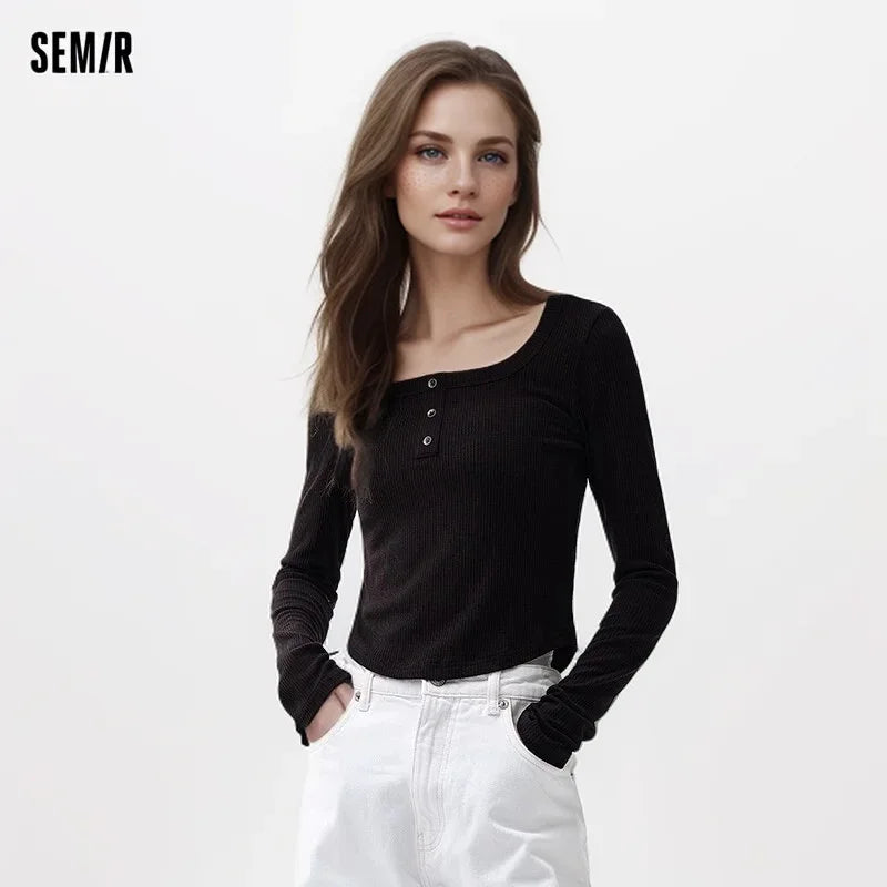 Semir 2024 Bottoming Shirt Women Daily Simple Solid Color Top Gentle And Slim Fit With Square Collar And Slimming Shirts