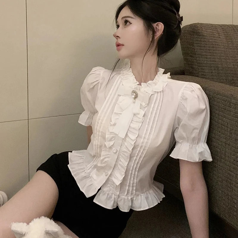Gidyq White Elegant Shirt Women Summer Sweet Cute Puff Sleeve Crop Top Korean Ruffles Chic Slim Vintage Office Ladies Blouse New