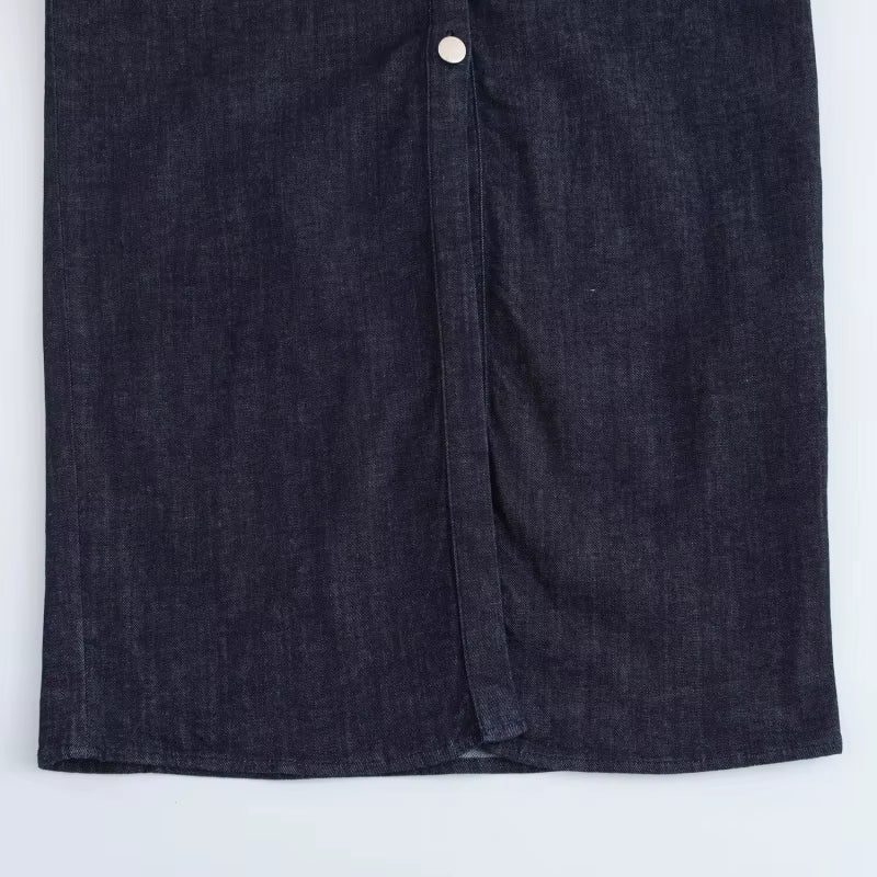 Denim MIDI dress with lapel side zipper fashion wrinkle waist slim elegant dress