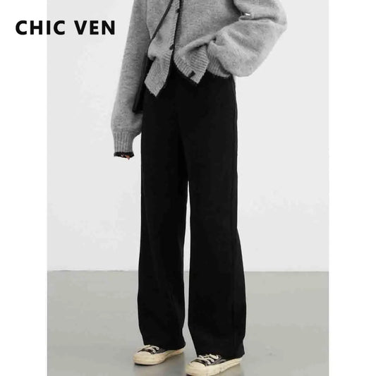 CHIC VEN Women's Pants Casual High Waist Wide Leg Straight Trousers Vintage Corduroy Warm Female Streetwear Autumn Winter 2023