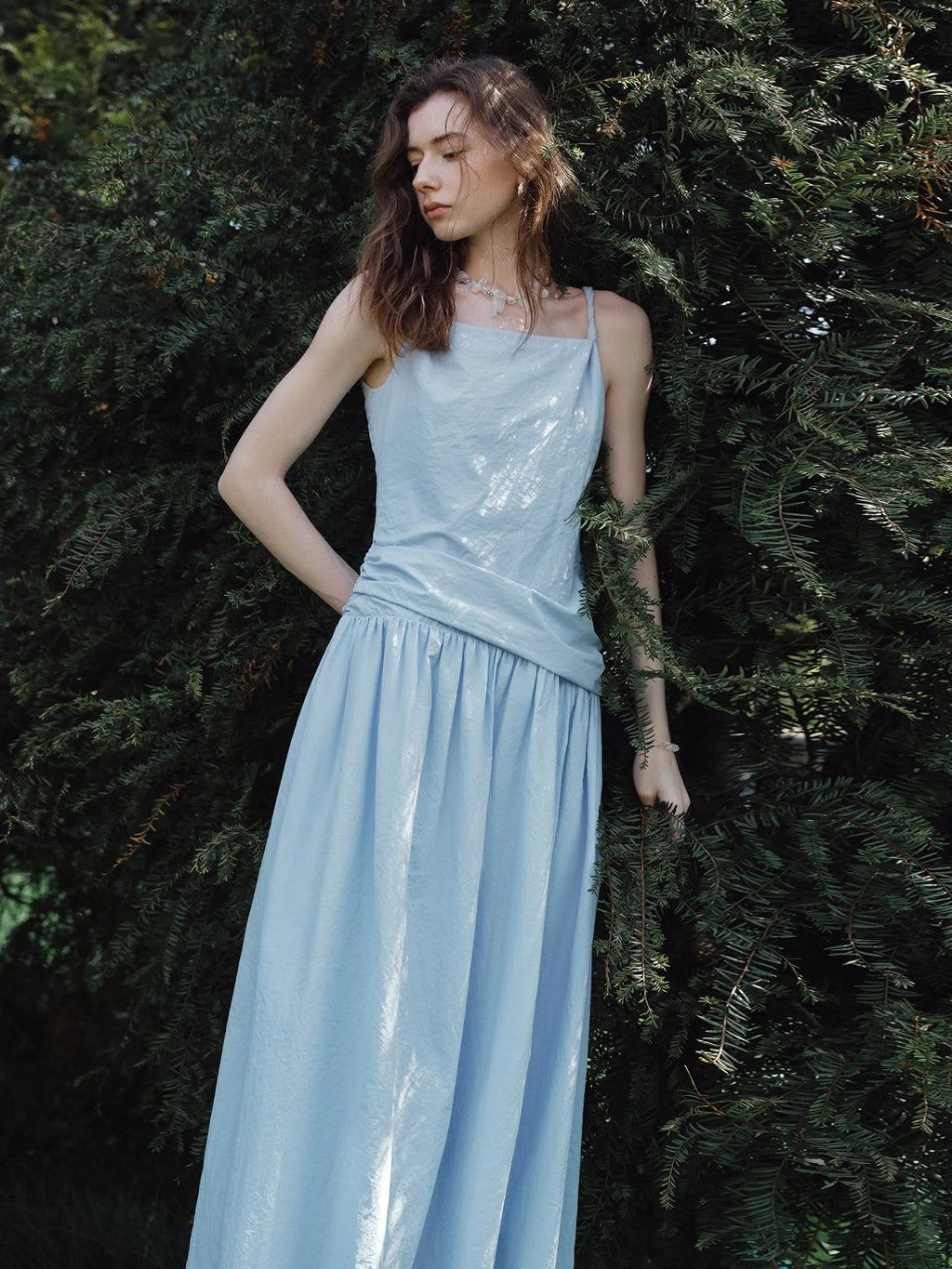 FSLE Elegant Pleated Off-Shoulder Strap Long Dress 2025 Summer New Romantic Slimming Gown for Women