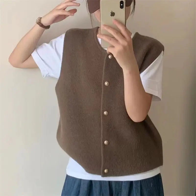 2024 Spring Fall Korean Fashion Round Neck Sweater Vest Solid Color Knitted Tank Top Sleeveless Cardigan Waistcoat Knitwear