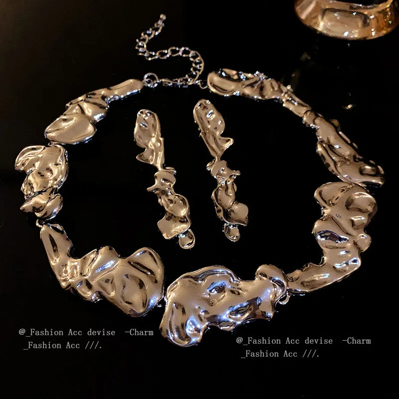 Irregular Metal Jewellery Sets Exaggerated Jewelry for Women Trendy Earring Vintage Charm Choker Necklace Classic Neck Chain