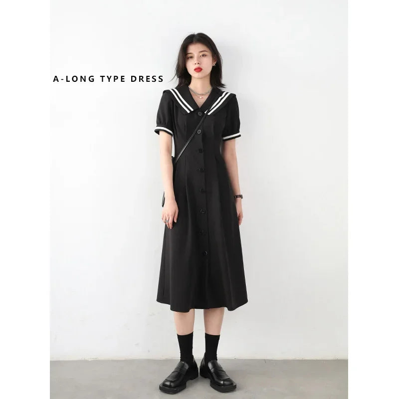 CHIC VEN Korean Women's Dresses Black Short Sleeve Navy Collar Dress for Women Office Lady Female Party College Summer 2022