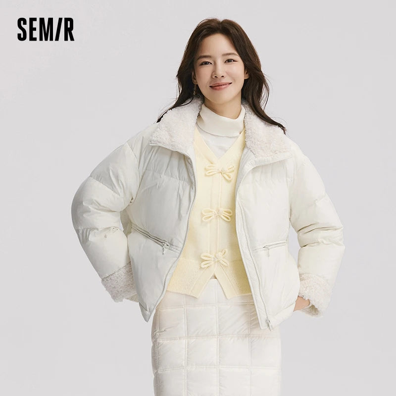 Semir Down Jacket Women Loose Solid Color 2024 New Winter Patchwork Imitation Lamb Wool Stand-Up Collar Textured Down Jacket