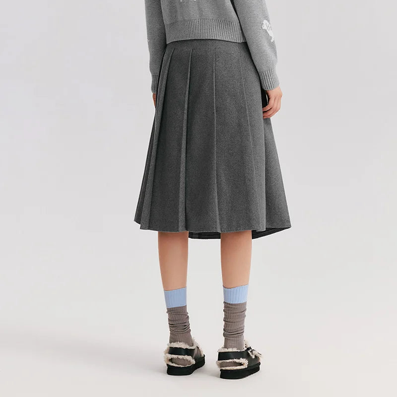 Semir Skirt Women Imitation Woolen Simple Versatile Fashionable 2024 Winter New Solid Color A-Line Pleated Skirt Literary Skirt