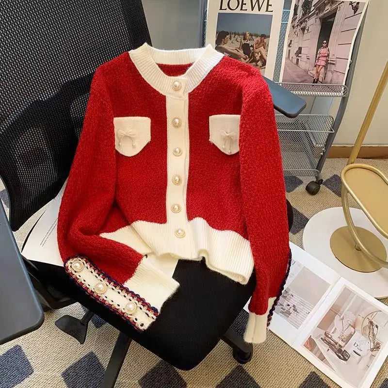 Popular and Beautiful Bow Tie Sweater Women's Autumn Outfit Design Sense Niche Knitted Cardigan Gentle and Stylish Red Jacket