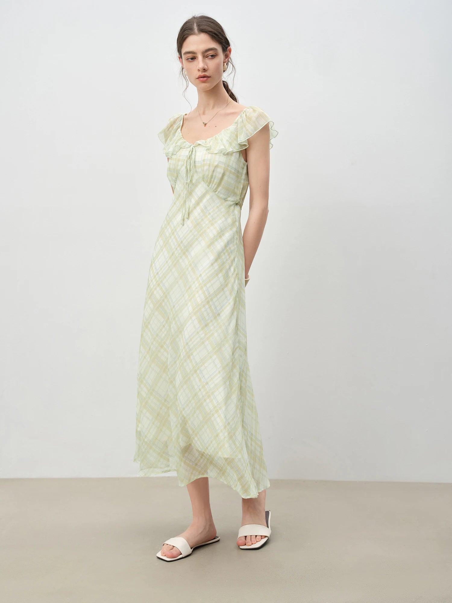 ZIQIAO Petite Red Gingham Chiffon Maxi Dress 2025 Summer Waist-Defining Tropical Resort Day-to-Night Elegance Dress