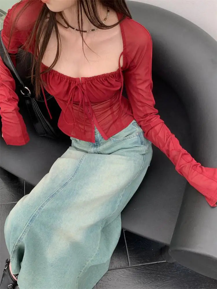 Yedinas Streetwear Burgundy Mesh Tops Long Sleeve Lace Up Square Collar T Shirt Women Crop Top Spring Summer 2023 Y2k  Chic Tops