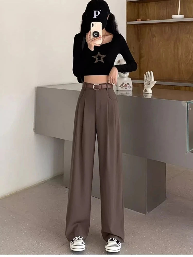 High Waist Wide Leg Pants Women Spring Fall Baggy Black Trouser Office Ladies Full Length Straight Suit Pant Outwear New