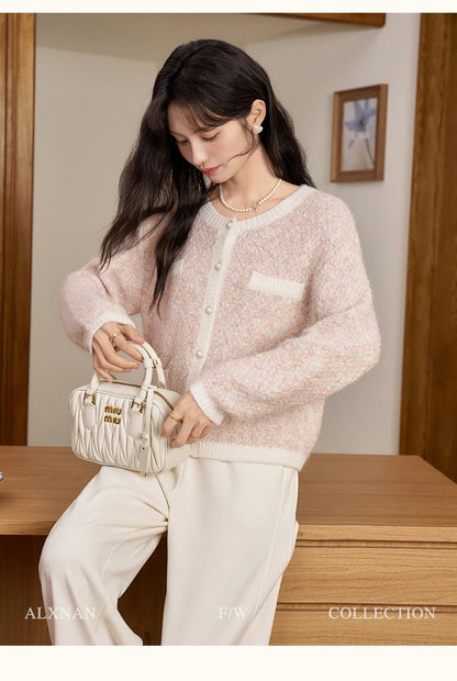 ALXNAN Women's Languid Knitted Cardigan 2024 Autumn Winter Light Pink O-neck Pearl Button Warm Soft Commuter Tops Female L50220