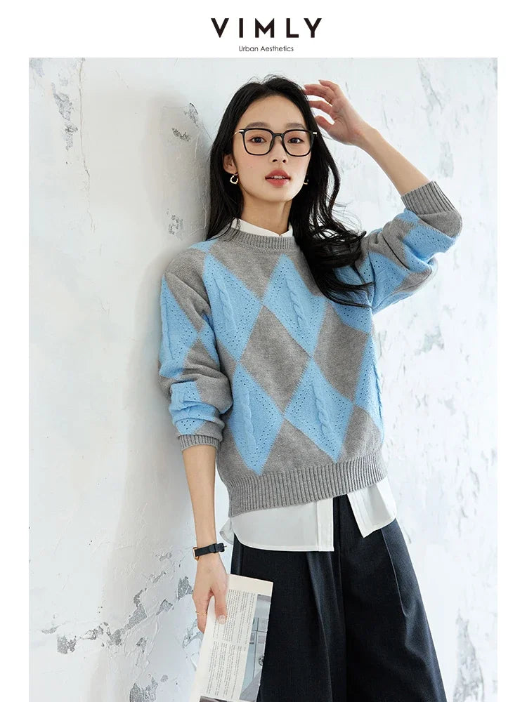 VIMLY Women Fashion Lozenge Sweater Fall Winter Simple Long Sleeve O-Neck Pullovers Knitwear Office Lady Color Matching Warm Top