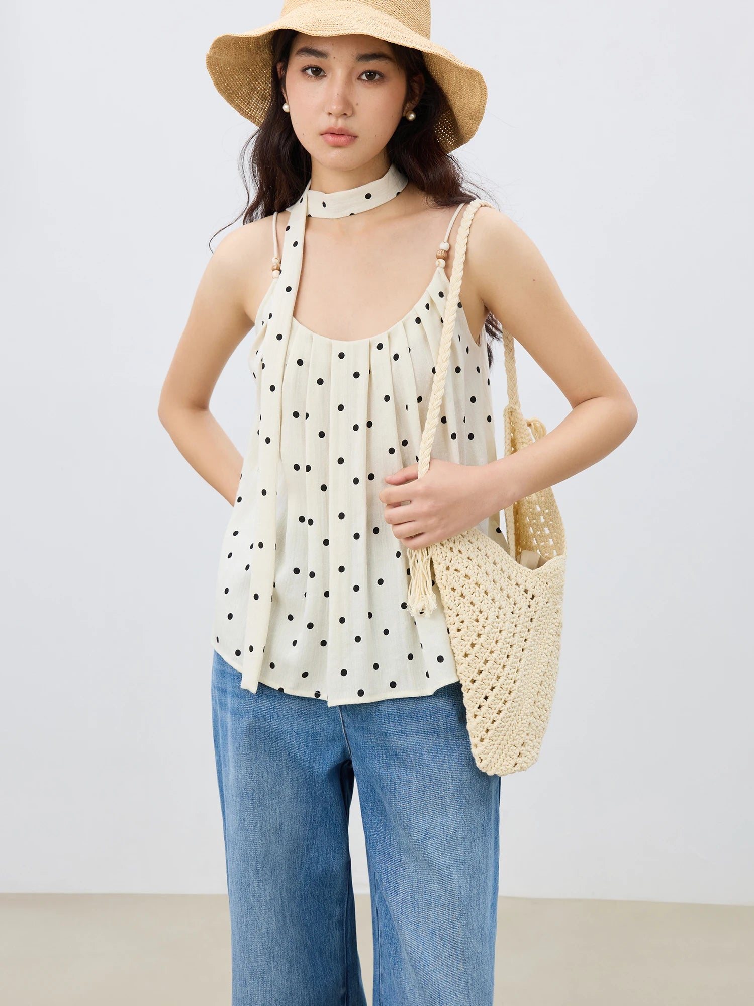 ZIQIAO Women 2025 Summer Vest+Pant Sets Holiday Style Polka Dot Camisole Tops Elastic Waist Casual Long Trousers