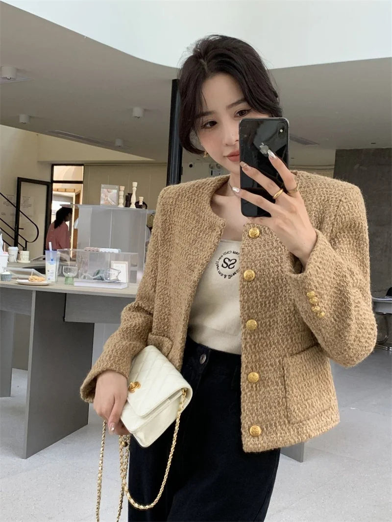 Fashion Loose Round Neck Beautiful Women Loose Spring And Autumn Short Retro High Quality Temperament Round Collar Tweed Coat
