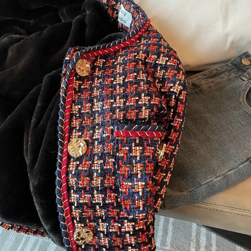 MEXZT Vintage Tweed Jacket Women Elegant Cropped Plaid Blazer Korean Fleece Suit Short Coats Winter Thick Warm Chic Outerwear