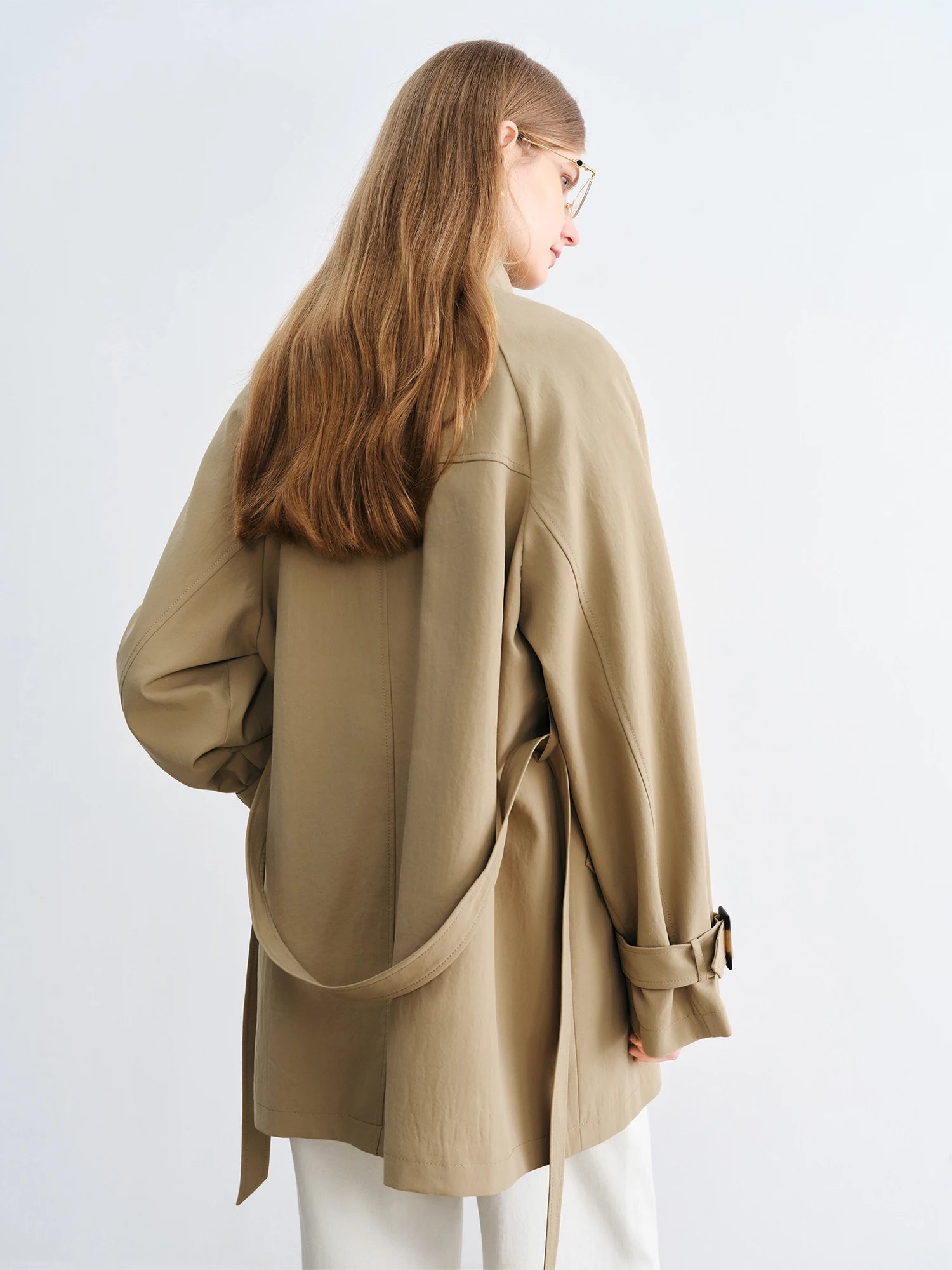 ZIQIAO Retro Style Stand Collar Mid-length Trench Long Jacket For Women 2025 New Arrival Short Khaki Coat