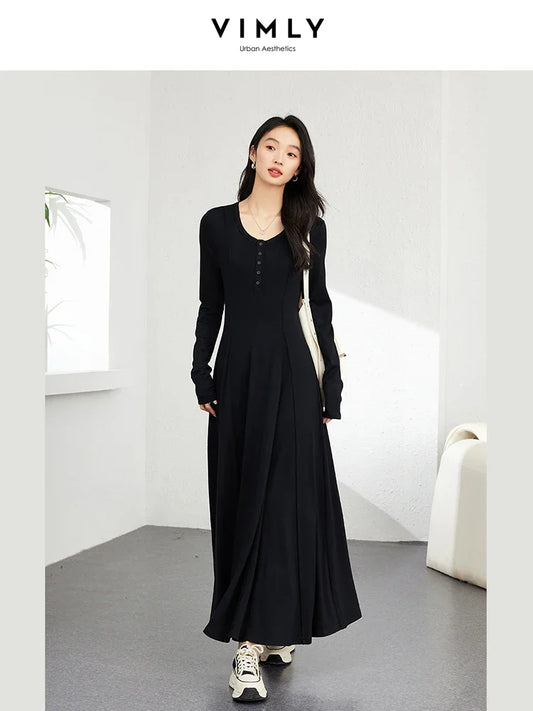 VIMLY Women's Simple Elegant Dress Autumn Semi Open Neck Waisted Pullover Knit Long Dress Casual Office Lady Versatile Dress