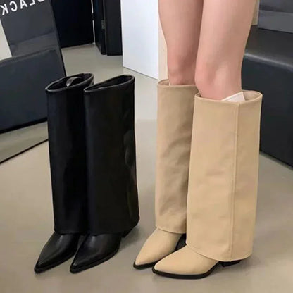 Chunk Leather High Boots Women Knee High Pointer Toe Heels Shoes Woman Trend Chelsea Boots New Pumps Mujer Snow Gladiator Botas