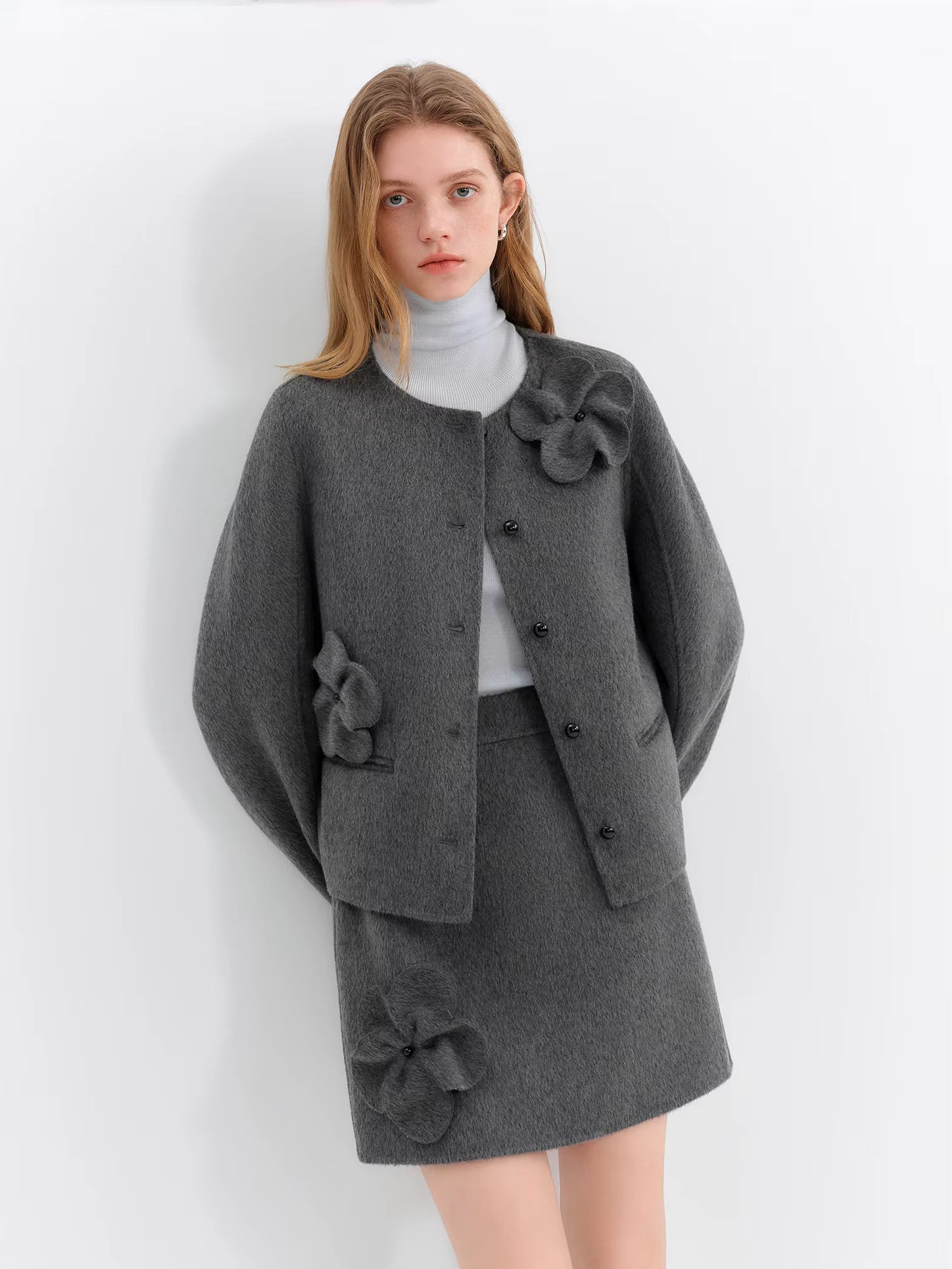 2025 Winter Women Short Wool Blend Coat Set with 3D Floral Pattern - Elegant Two-Piece Outerwear for Casual and Date Nights