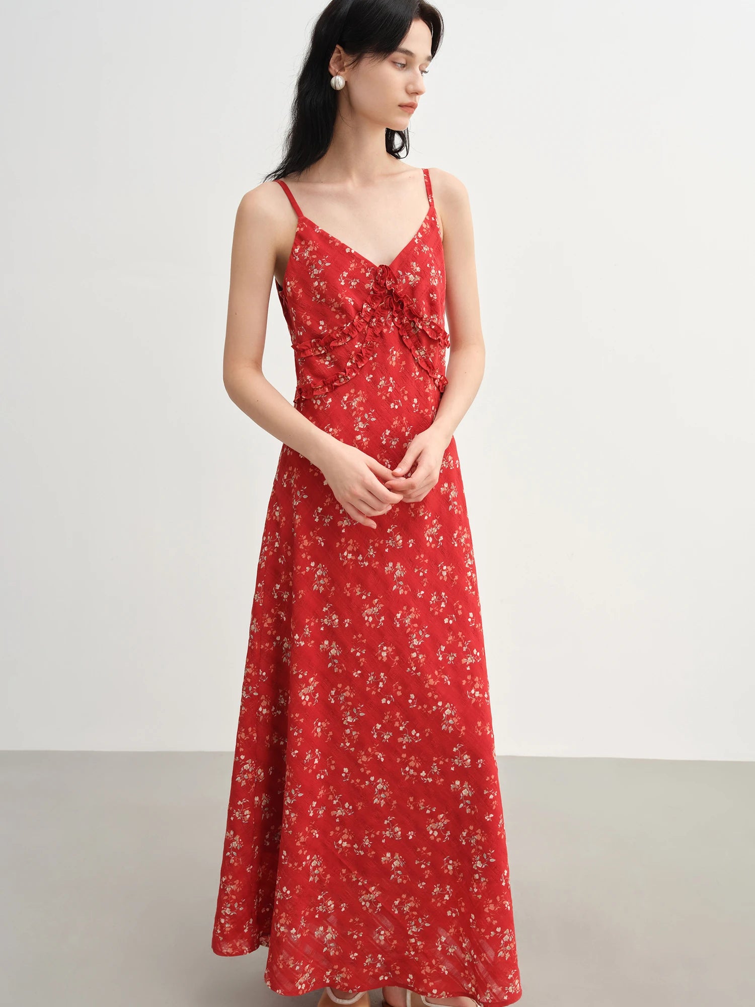 DUSHU 2025 Summer Women's Floral Checkered Maxi Dress - Curve-Flattering Ruffle Trim & A-Line Silhouette for Elegant Occasions