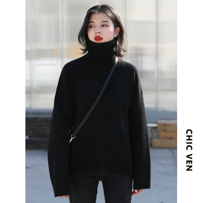 CHIC VEN Korean Women's Sweater Loose Turtleneck Sweaters Warm Solid Pullover Knitwear Basic Female Tops Autumn Winter