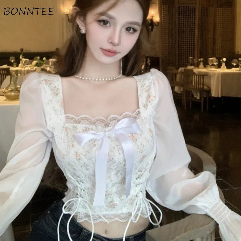 Square Collar Blouses for Women Long Sleeve Thin Summer Female Korean Style Slim All-match Casual Breathable Young Girls Lace-up