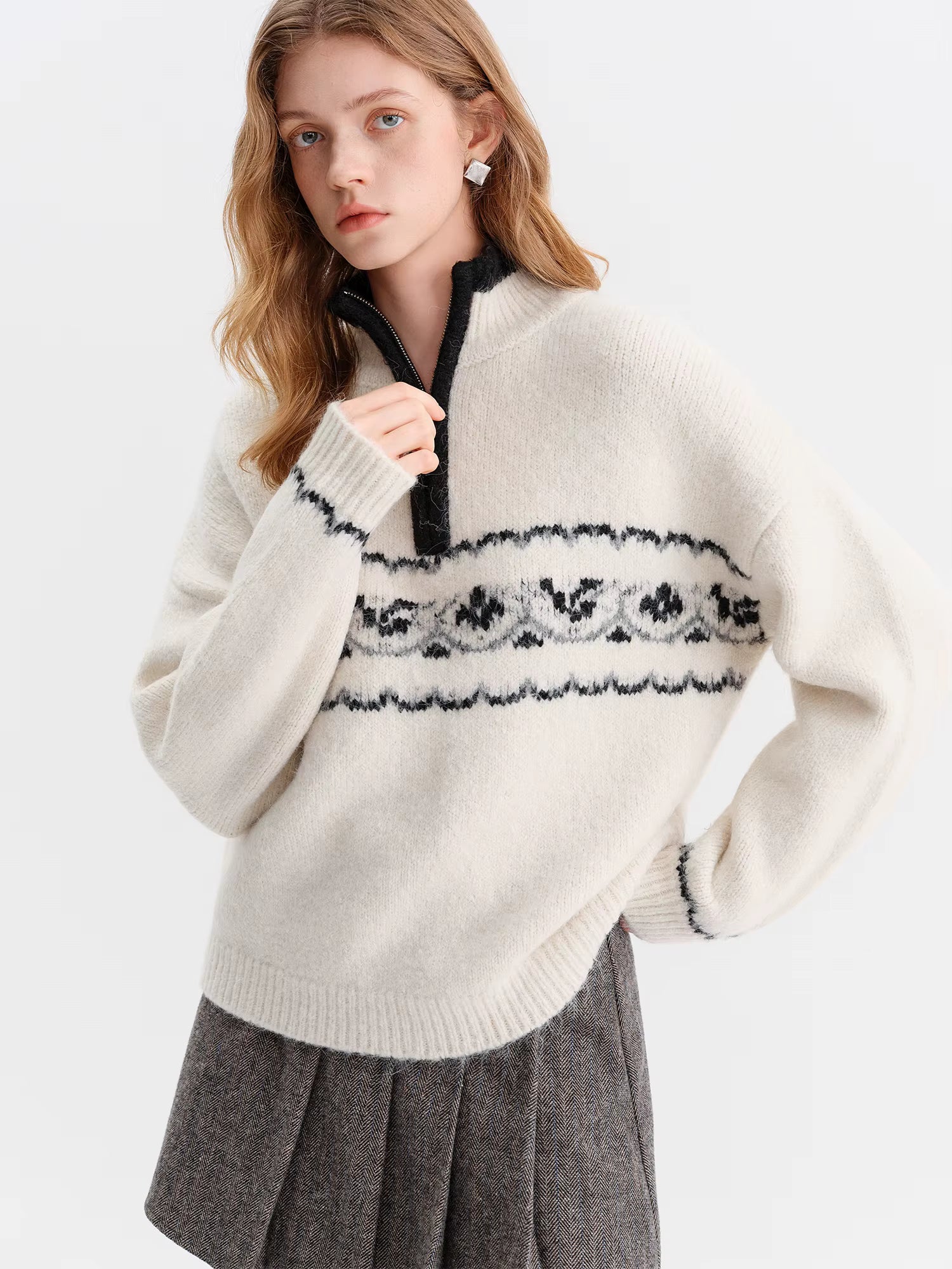 Vintage Fair Isle Jacquard Knit Sweater for Women 2025 Winter New Arrival Semi Open Front Zip-Up Pullover Winter Sweaters