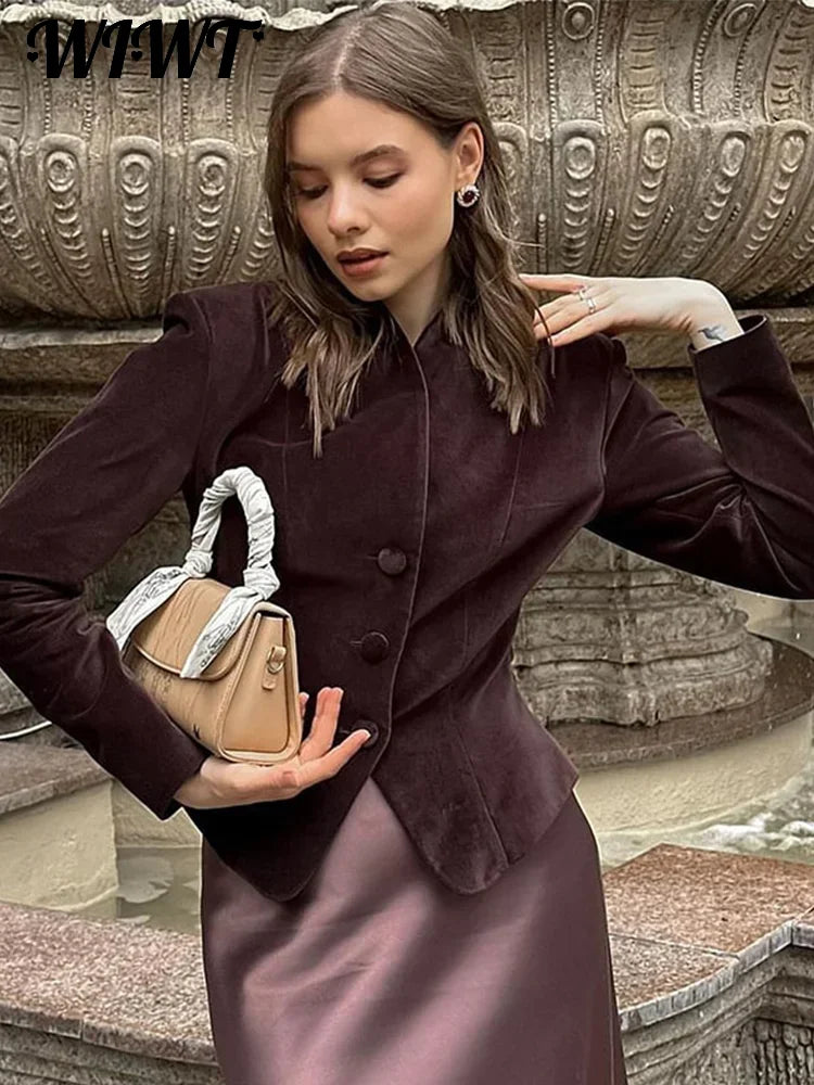 Vintage Burgundy Suede Jacket Women Slim V-neck Single Breasted Long Sleeve Coats 2024 Autumn New Female Office Chic Outwears