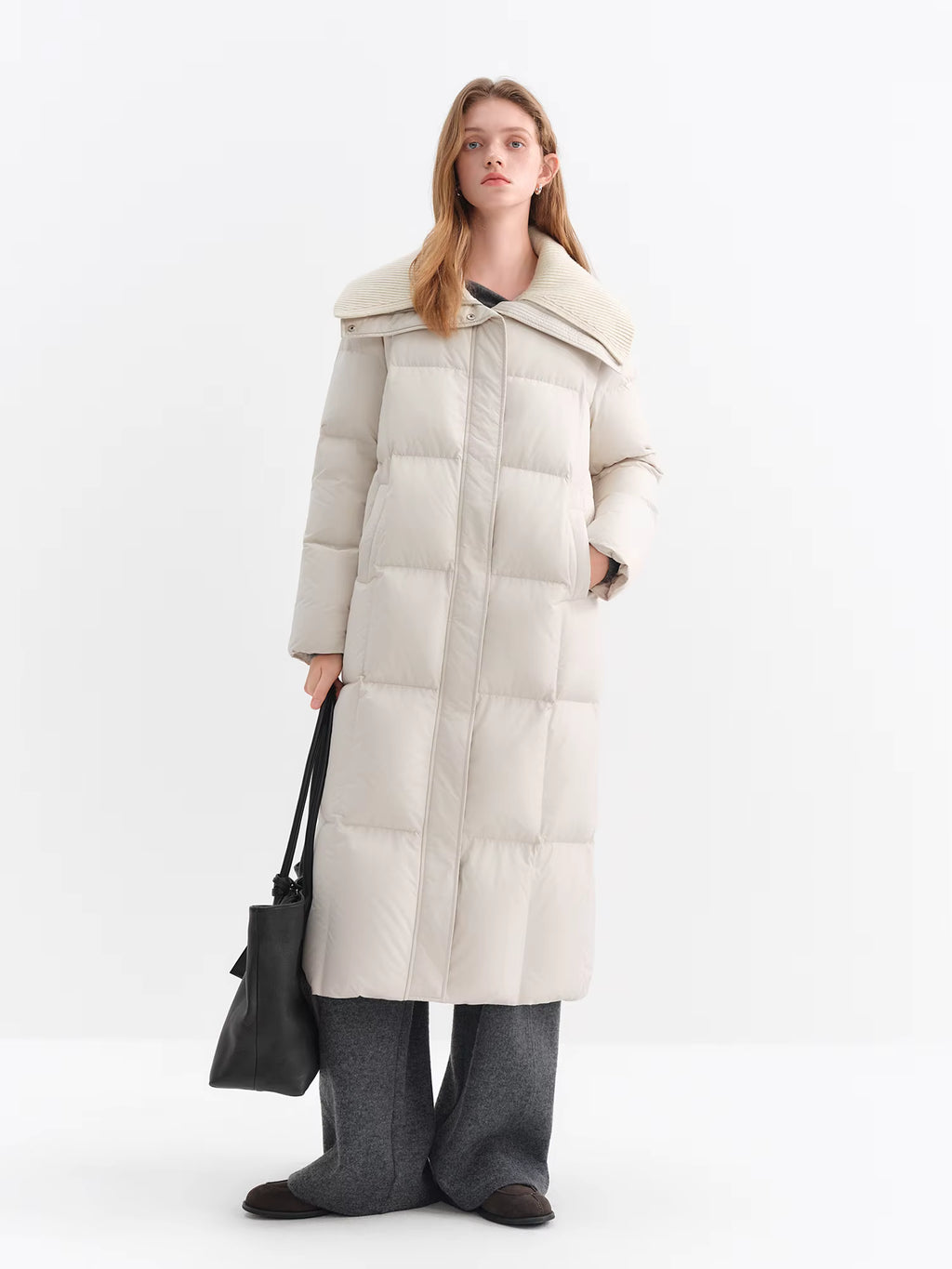 2025 Winter Women's Knit Notch Lapel Long Down Coat - Simple H-Line Design Thermal Insulated Outerwear for Casual Warmth