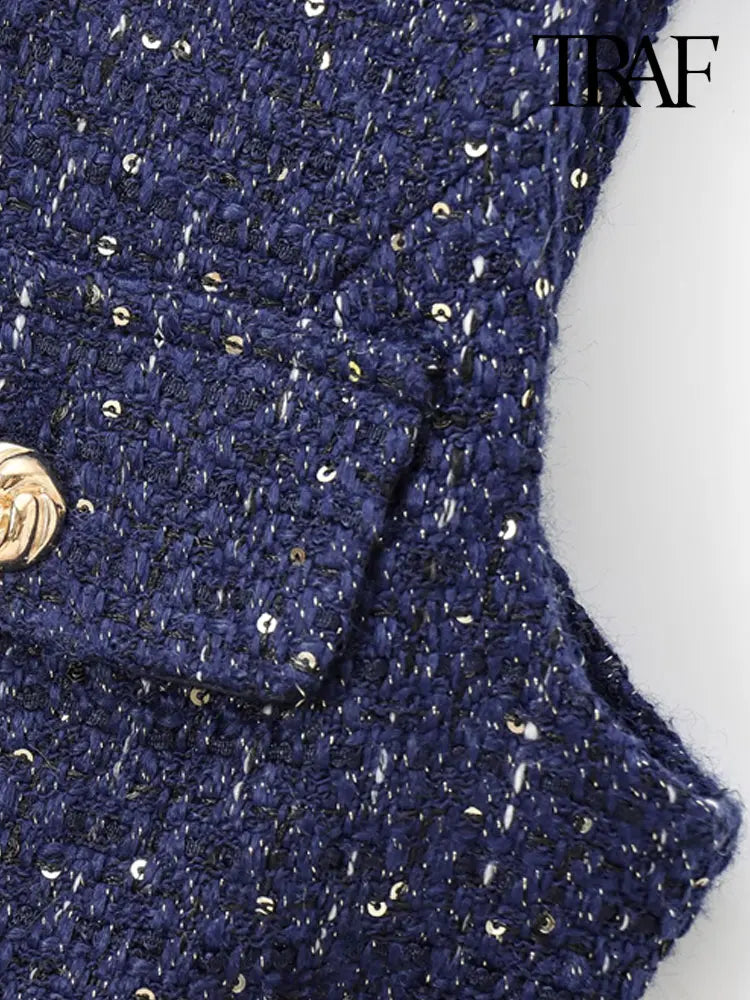 TRAF-Women's Tweed Waistcoat with Belt, O Neck, Sleeveless, Front Button, Female Outerwear, Chic Tops, Fashion