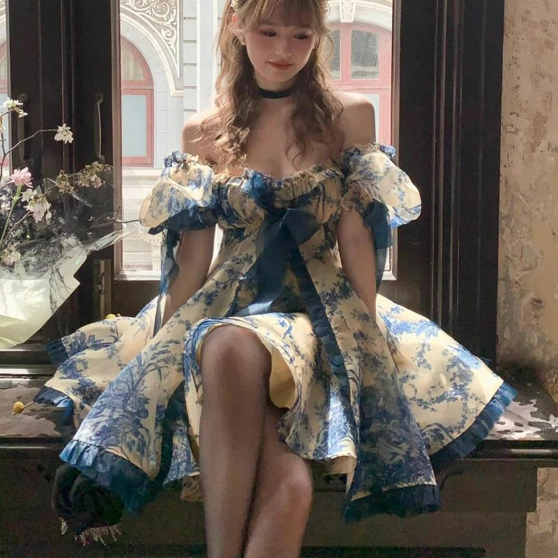Korean Style Elegant Fairy Mini Dress Vintage Sweet Women Puff Sleeves Bow High Waist Slim Dresses Sexy Off Shoulder Party Dress