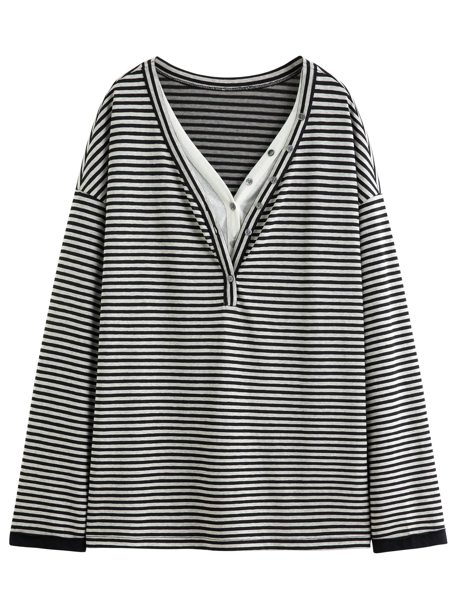 FSLE 2025 New Fake Two-piece Black White Striped V-neck Retro Long-sleeved T-shirt Women's Autumn 2025 New Chic Tops