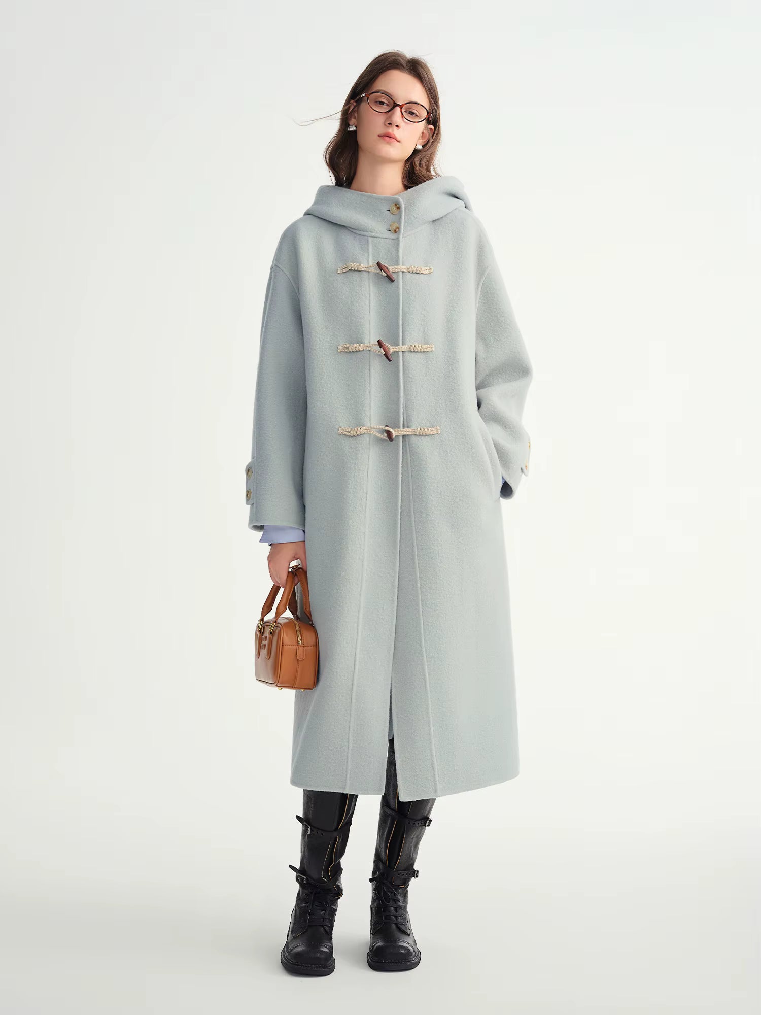 Winter 2025 Women's Horn Button Wool Blend Coat - Korean Style Double Faced Midi Length Stand Collar Casual Elegance