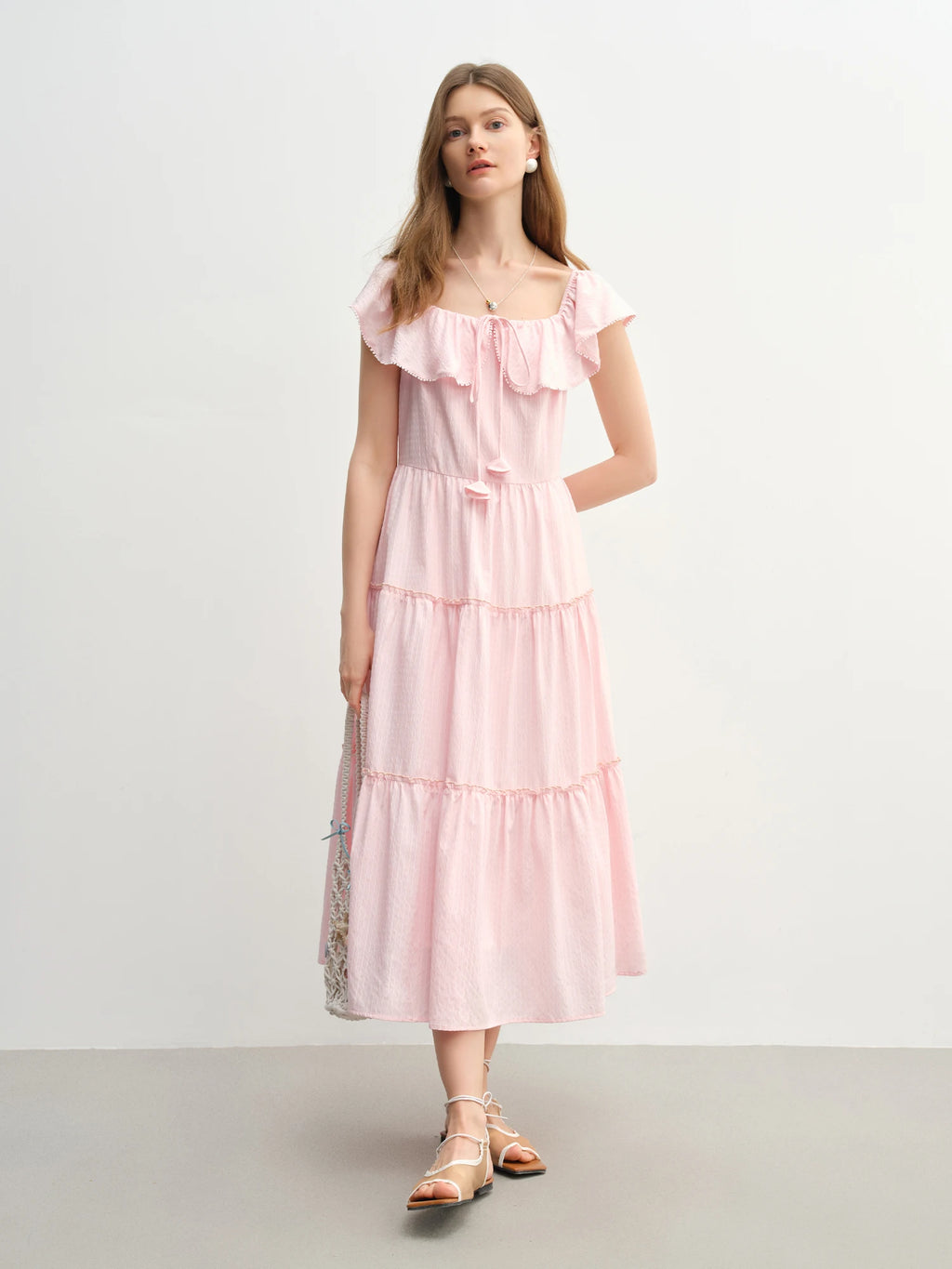 DUSHU Plus Size Ruffled Cake Shape Pink White Dress For Women 2025 Summer New Arrival Elegant French Style Long Dress