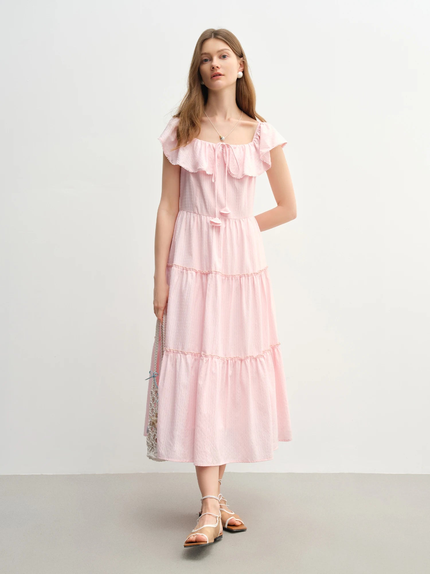 DUSHU Plus Size Ruffled Cake Shape Pink White Dress For Women 2025 Summer New Arrival Elegant French Style Long Dress