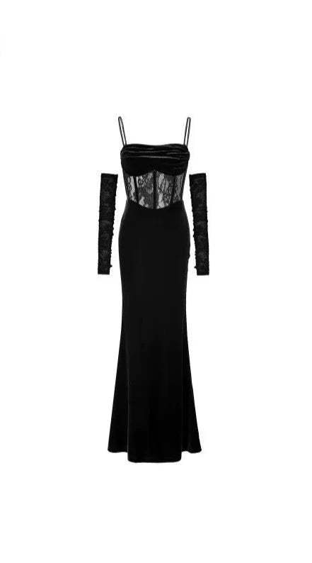 Spaghetti Strap Lace Corset Maxi Sheath Dress + Arm Sleeves
