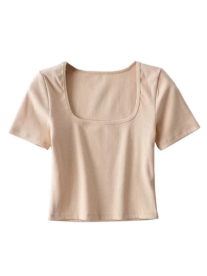 Women Square Neck Rib Crop T-shirt Short Sleeve Crop Top