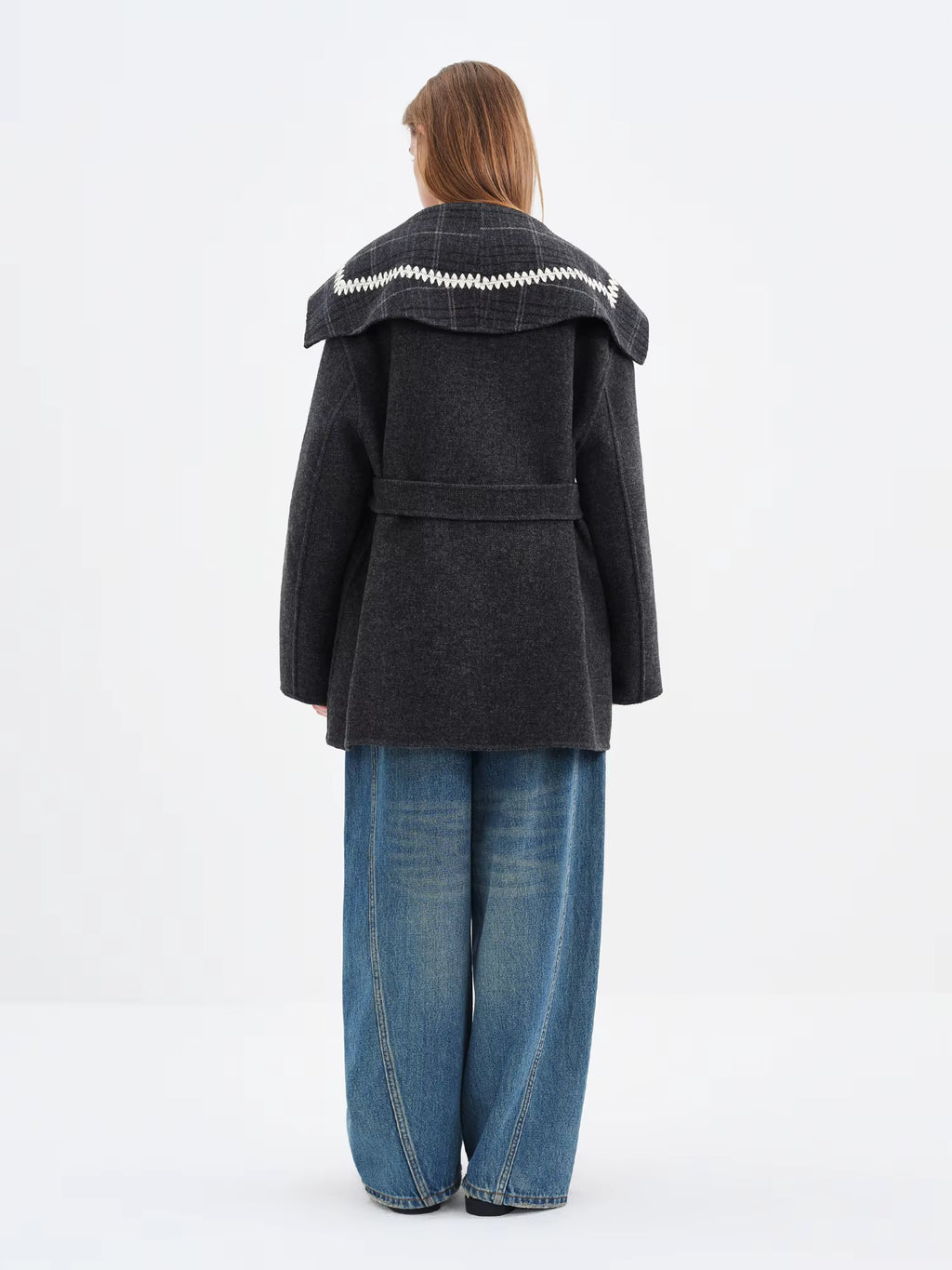 2025 Winter Women's Reversible Tartan Pattern Wool Blend Coat with Embroidery - Bohemian Style Two-Way Wear Long Overcoat