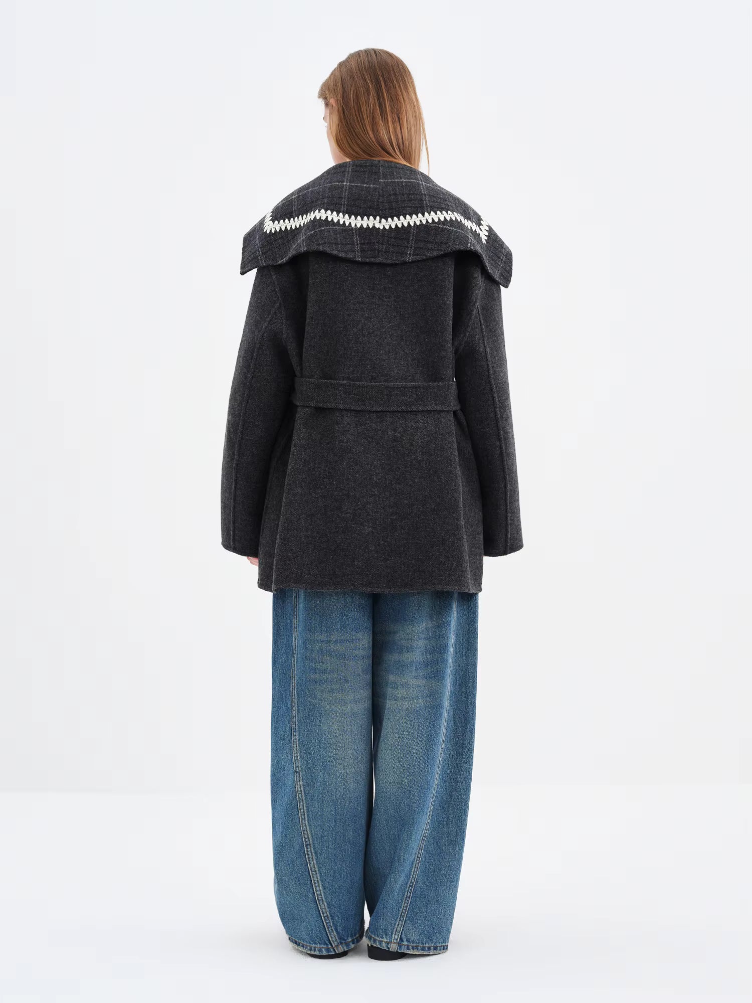 2025 Winter Women's Reversible Tartan Pattern Wool Blend Coat with Embroidery - Bohemian Style Two-Way Wear Long Overcoat