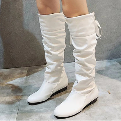 2023Shoes For Women  Knee High Boots Red Black White Tall Boots Woman Pleated Low Heel Casual Leather Female Long Shoes