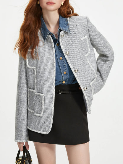 FSLE Women Tweed Jacket Autumn New Temperament Silver Grey Straight Round Neck Coats Office Lady Short Tweed Coat 24FS13270